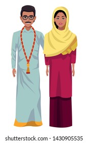 indian couple wearing traditional hindu clothes man with moustache and glasses woman with sari and hiyab profile picture avatar cartoon character portrait vector illustration graphic design