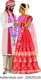 Ceremonia de bodas de pareja india hermosos disfraces con patrones Hombre novio en turbante y kurta mujer novia con vestido rojo con patrón de oro y adornos Vector