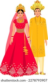 Indian couple at the wedding ceremony in beautiful golden headdresses Bride in red sari groom in gold color patterned suit Vector