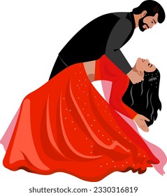 Indian couple wedding choreography dance of newlyweds bride in red sari groom in dark suit Vector