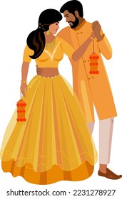 Indian couple in wedding clothes yellow gold color Vector