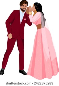 Episodio de baile de bodas de pareja india, la novia con vestido de novia suave rosa dice algo en la oreja del novio que el recién casado con traje de borgoña pone su mano en la oreja y escucha a su Vector