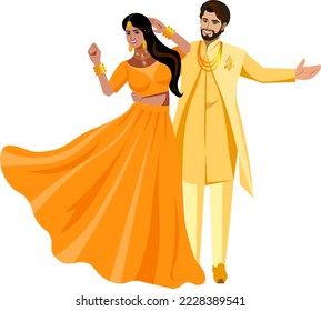 Pareja india con disfraces coloridos amarillos bailando en su vector de bodas