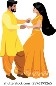 Indian couple in yellow wedding suits dancing at wedding Vector