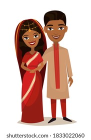 Indian couple. Young man and woman couple in traditional clothes. Happy wife and husband persons in love standing together. Indian family portrait vector illustration