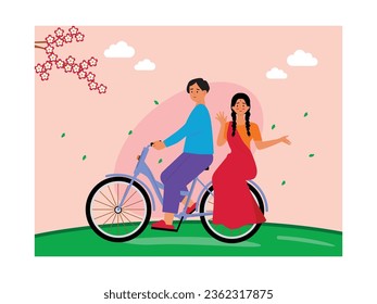 Indian couples ride bicycles together in park, with the man wearing blue and the woman traditional dress. Character design. Vector flat illustration