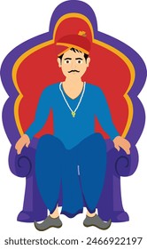 Indian courtier sitting pose for cartoon animation. King sitting on a throne isolated background 