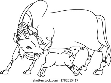 Indian cow, folk art Kalamkari. It can be used for a coloring book, textile/ fabric prints, phone case, greeting card. logo, calendar