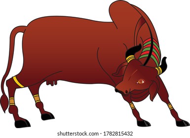 Indian cow, folk art Kalamkari. It can be used for a coloring book, textile/ fabric prints, phone case, greeting card. logo, calendar
