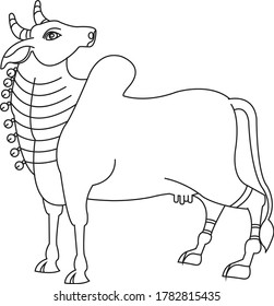 Indian cow, folk art Kalamkari. It can be used for a coloring book, textile/ fabric prints, phone case, greeting card. logo, calendar