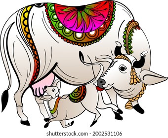 INDIAN COW VECTOR ILLUSTRATION COLORFUL DESIGN. BABY CALF DRINKING MILK INDIAN TRADITIONAL STYLE RELIGIOUS COW AND CALF ILLUSTRATION