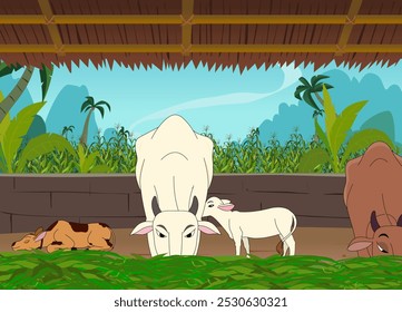 Indian Cows Farm Yard Vector, Indian Cows Shed Illustration, baby cows, green field background vector