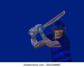 Indian Cricket Batter Player In Line Pattern On Blue Background.