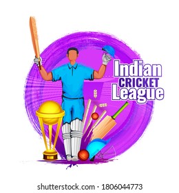 Indian Cricket League Text in Sticker Style with Faceless Batsman Character in Winning Pose, Golden Trophy Cup and Purple Brush Stroke Effect on White Background.