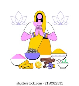 Indian cuisine abstract concept vector illustration. Spicy indian food, traditional cuisine, restaurant delivery, oriental taste, India shop, homemade curry, vegetarian menu abstract metaphor.