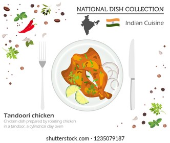 Indian Cuisine. Asian national dish collection. Tandoori chicken isolated on white, infograpic. Vector illustration