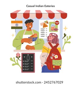 Indian Cuisine concept. Vibrant food stall scene with a happy vendor serving a customer. Cultural diversity and culinary traditions. Vector illustration.