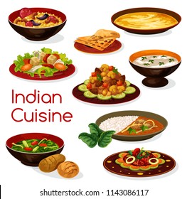 Indian cuisine curry dishes, served with lemon rice and pita bread, vegetable spinach stew, chicken almond and lentil soup, fried cheese and mushroom warm salad. Asian restaurant dinner design