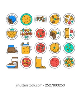 indian cuisine curry food chicken icons set vector. dish restaurant, asian rice, india meal, spice masala, dinner indian cuisine curry food chicken color Contour Illustrations