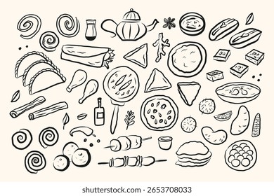 Cozinha indiana doodle com flatbreads, dal, curry, tandoori, samosas, doces masala chá, sobremesa. Banner com comida e bebida tradicionais da Índia. Ilustração vetorial em plano de fundo isolado