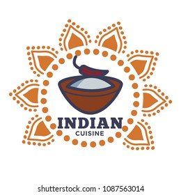 Indian cuisine emblem with bowl of spice and chili pepper
