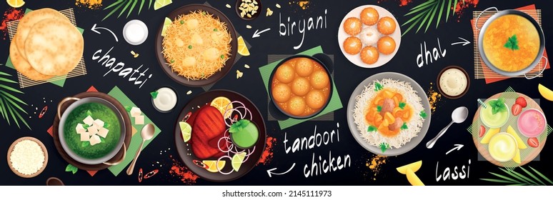 Indian cuisine flat composition with horizontal top view of plates with chicken rice and vegetable meals vector illustration