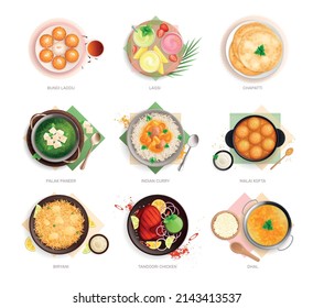 Indian cuisine flat set with isolated top views of plates with dishes of india and text vector illustration
