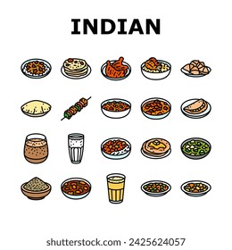 indian cuisine food curry icons set vector. restaurant india, masala chicken, asian tikka, rice traditional, paneer, dish indian cuisine food curry color line illustrations