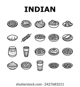 indian cuisine food curry icons set vector. restaurant india, masala chicken, asian tikka, rice traditional, paneer, dish indian cuisine food curry black contour illustrations