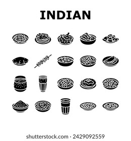 indian cuisine food curry icons set vector. restaurant india, masala chicken, asian tikka, rice traditional, paneer, dish indian cuisine food curry glyph pictogram Illustrations