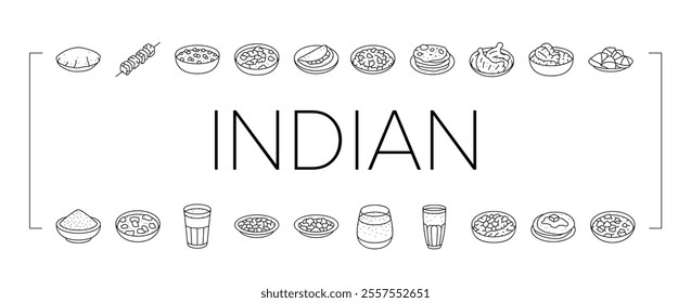 indian cuisine food curry icons set vector. restaurant india, masala chicken, asian tikka, rice traditional, paneer, dish indian cuisine food curry black contour illustrations