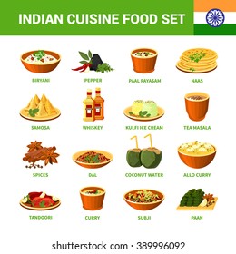 Indian cuisine food set with different dishes spices and drinks isolated vector illustration