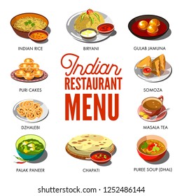 Indian cuisine food traditional dishes. Chicken tandoori samoza, curry rice and vegetables on chapati bread, masala puree soup and saffron dzhalebi. India restaurant menu flat icons vector set