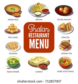 Indian cuisine food traditional dishes vector flat icons set