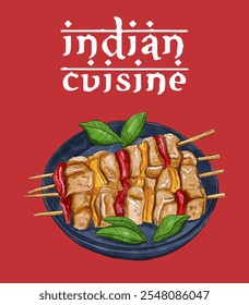 indian cuisine food. Indian Traditional and National Cuisine Illustration. Paneer tikka vector.