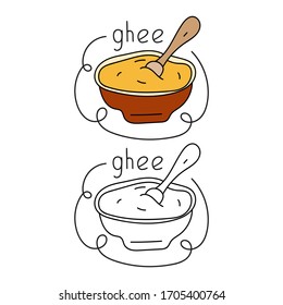 Indian cuisine - ghee. Two hand drawn badges - flat and outline design. Vector illustrations on white background.