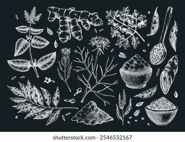 Conjunto de bocetos de hierbas y especias de la cocina india: curry, comino, mostaza, cúrcuma, cilantro, clavo de olor, dibujo de tiza. Especias de cocina Ilustración vectorial dibujada a mano. NO se ha generado IA