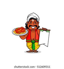 Indian cuisine icon. Indian chef cook in national clothing holding menu card template and grilled chicken with curry rice and vegetables on dish. Vector for restaurant signboard, menu