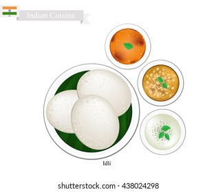 Indian Cuisine, Illustration of Idli or Traditional Steamed Soft and Spongy Rice Cake Served with Sambar, Coconut Chutney and Dal Tadka. One of The Most Popular Dish in India.