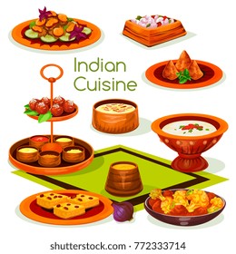 Indian cuisine lunch with traditional asian food. Mushroom curry, chicken vegetable casserole with cream tomato sauce, rice dessert with nuts, potato samosa, milk cake ball and semolina pudding