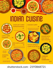 indische Küche Mahlzeiten Menü Seite Vorlage. Chickpea, Huhn und Aloo Palak Curry, Kohlsalat Sambharo, Maishähnchen und Huhn mit Gemüse und Kichererbsen, Dal und Auberginen Baingan Bharta Curry