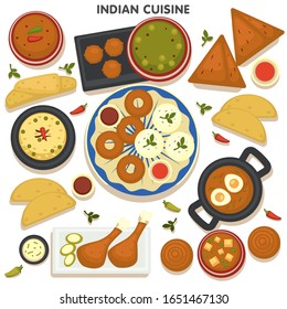 Indian cuisine menu, collection of dishes of India. Aromatic meals cooked on traditional recipes, rise and chicken meat, herbs and fried eggs. Soups and tandoori, spicy snacks vector in flat
