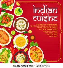 Indian cuisine menu cover page template. Rice Kedgeree, Goan salmon curry, vegetable Bund Gobhi and tomato cucumber Kachumber salads, almond Badam Shorba and corn lentil soups, fish and chicken curry