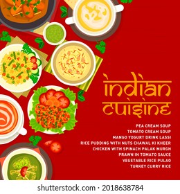 Indian cuisine menu cover template. Rice pudding with nuts Chawal Ki Kheer, prawn in tomato sauce and turkey curry, pea and tomato cream soup, chicken with spinach Palak Murgh, vegetable rice Pulao