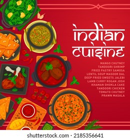 indische Küche Cover, Vektor-Tandoori-Garnelen, Linsensuppe-Masoor-Dal und Lamm-Curry-Rogan-Witz. Khaman dhokla Kuchen, frittierte Süßigkeiten Jalebi und Mango Chutney mit Garnmasala, Tandoori Huhn