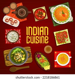 Indian cuisine menu cover with vector frame of spice food, vegetable and meat curry, milk dessert and duck rice biryani. Saffron shrimp and almond soups, tandoori chicken and veggie salads