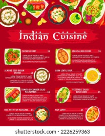 Indian cuisine menu template. Chicken curry, rice Kedgeree and Goan salmon curry, almond soup Badam Shorba, vegetable salad Bund Gobhi and corn lentil soup, tomato cucumber salad Kachumber, fish curry