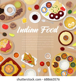 Indian Cuisine Menu Template with Chicken, Rice and Curry. Traditional Asian Food. Vector illustration