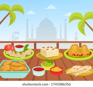 Indian Cuisine, National Tasty Food Dishes on Wooden Table on Background of Taj Mahal Building Vector Illustration