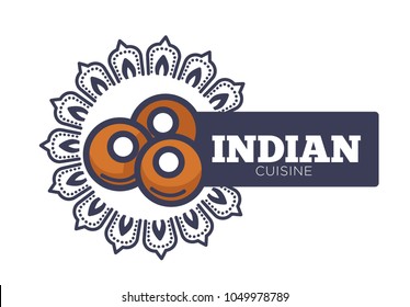 Indian cuisine promotional emblem with traditional bakery products